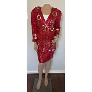 MODI Red Silk Sequin Beaded Double Breasted Nautical Anchor Jacket Skirt Set 6-8